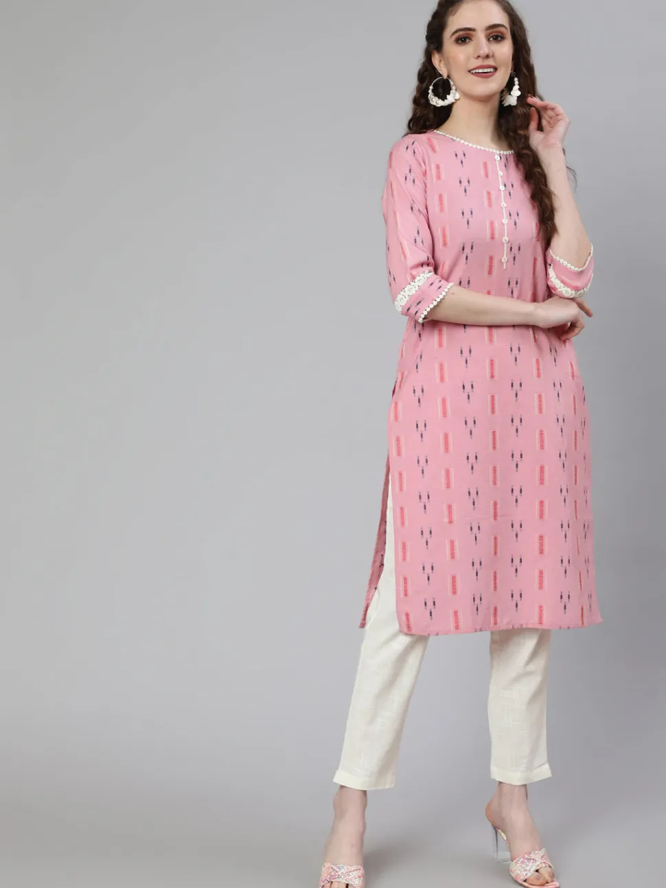 Jaipur Kurti Self Weaved Straight Kurta With Lace Detail And Off-White Pants