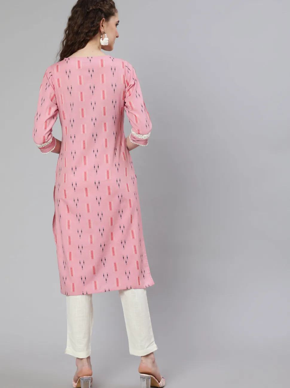 Jaipur Kurti Self Weaved Straight Kurta With Lace Detail And Off-White Pants