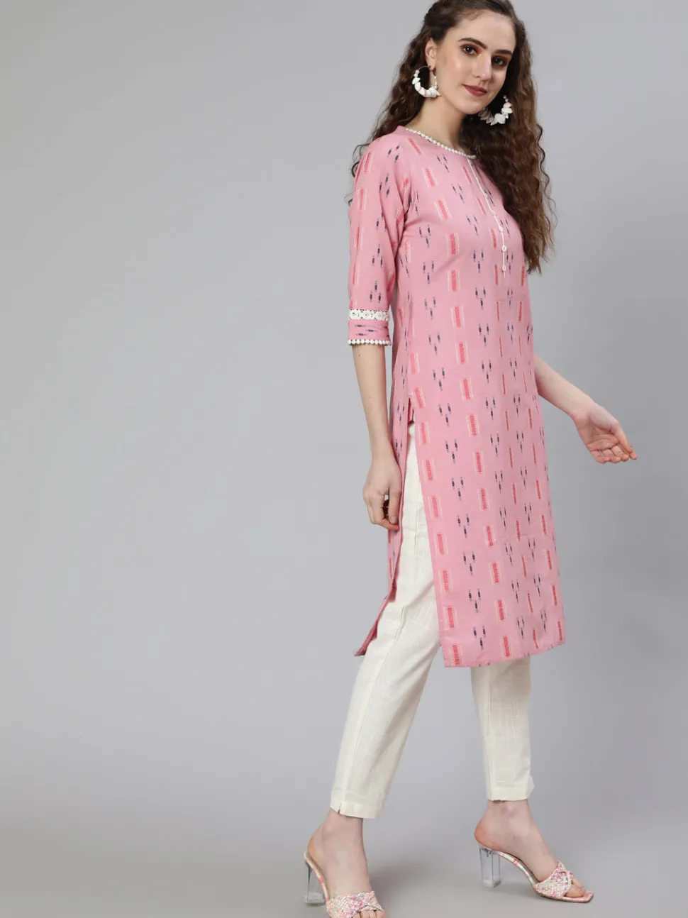 Jaipur Kurti Self Weaved Straight Kurta With Lace Detail And Off-White Pants