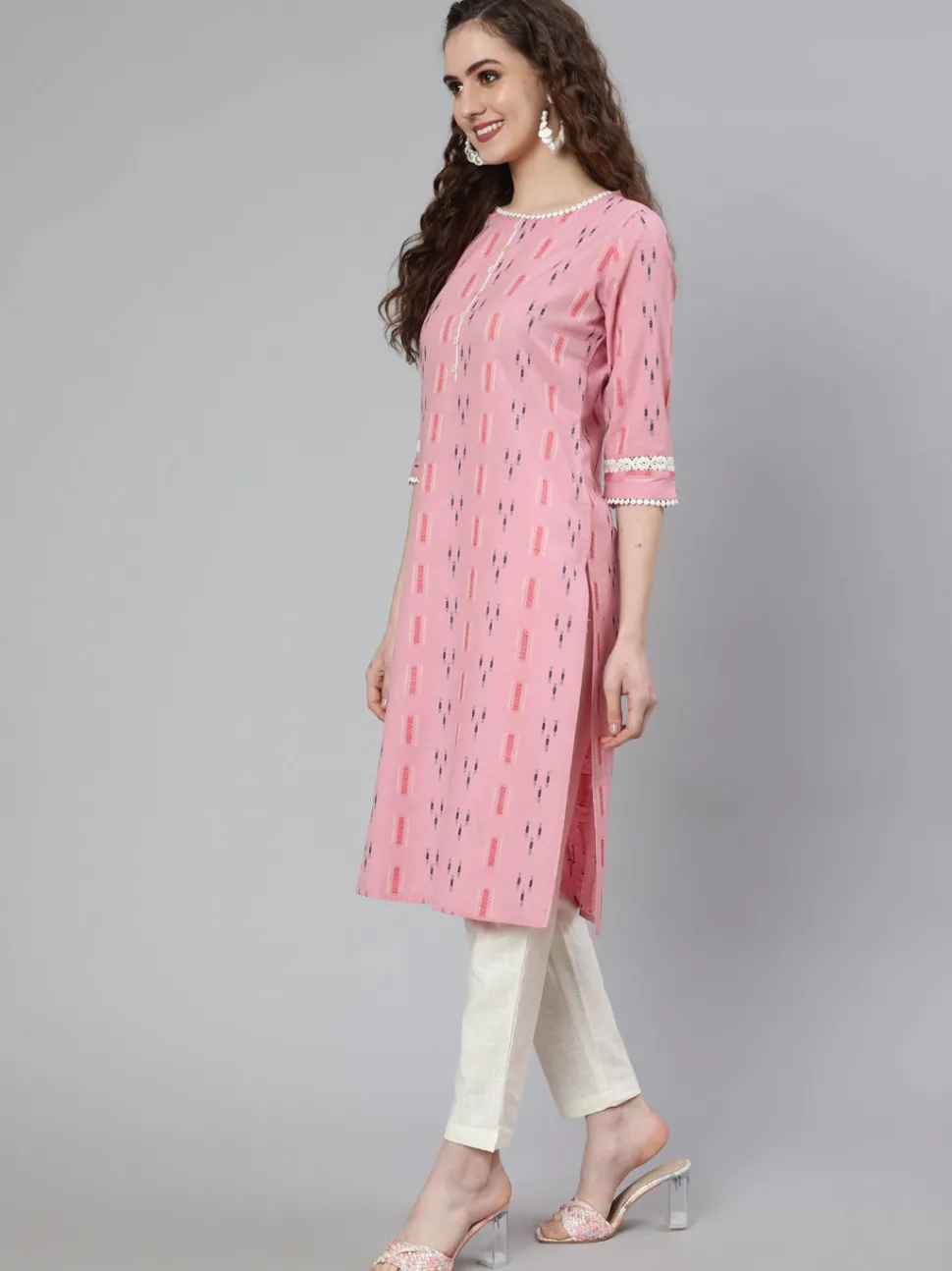 Jaipur Kurti Self Weaved Straight Kurta With Lace Detail And Off-White Pants