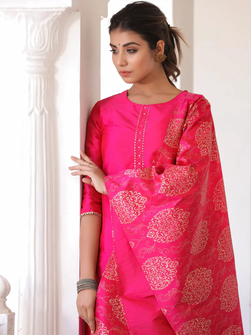 Jaipur Kurti Pink Solid Straight Kurta With Gotta Work On Palazzo & Printed Dupatta