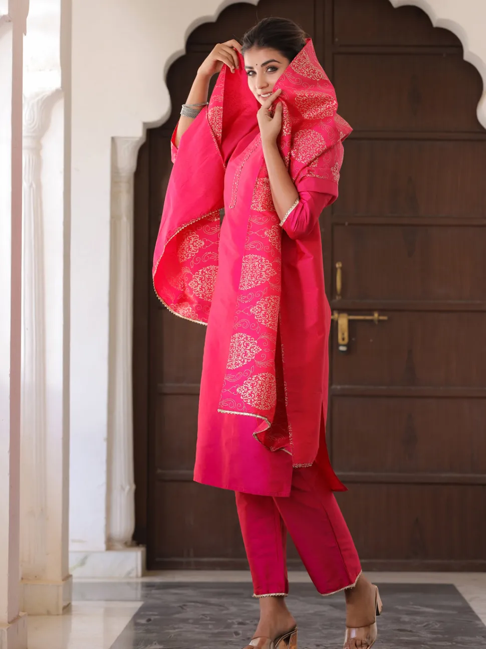 Jaipur Kurti Pink Solid Straight Kurta With Gotta Work On Palazzo & Printed Dupatta