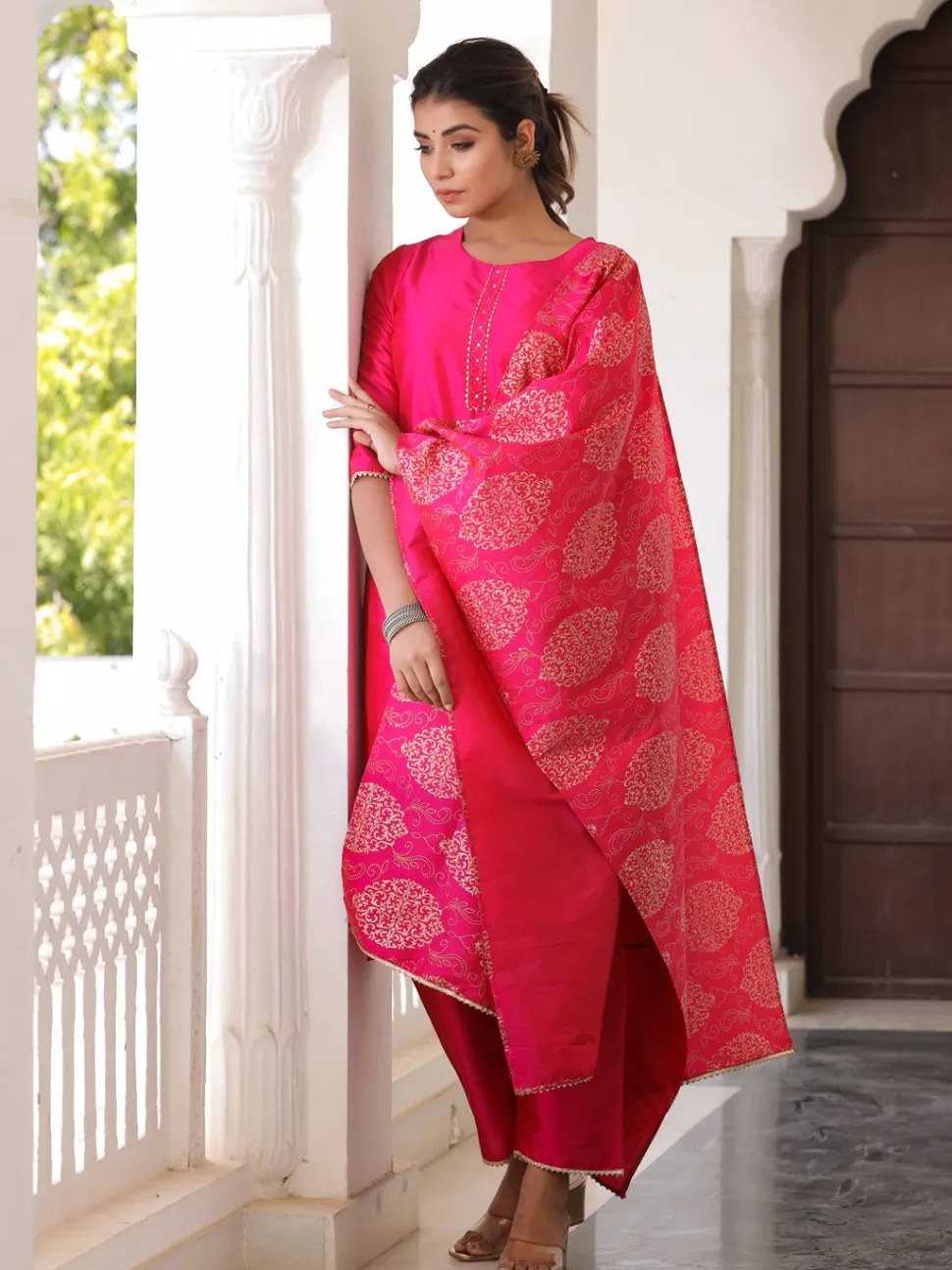 Jaipur Kurti Pink Solid Straight Kurta With Gotta Work On Palazzo & Printed Dupatta
