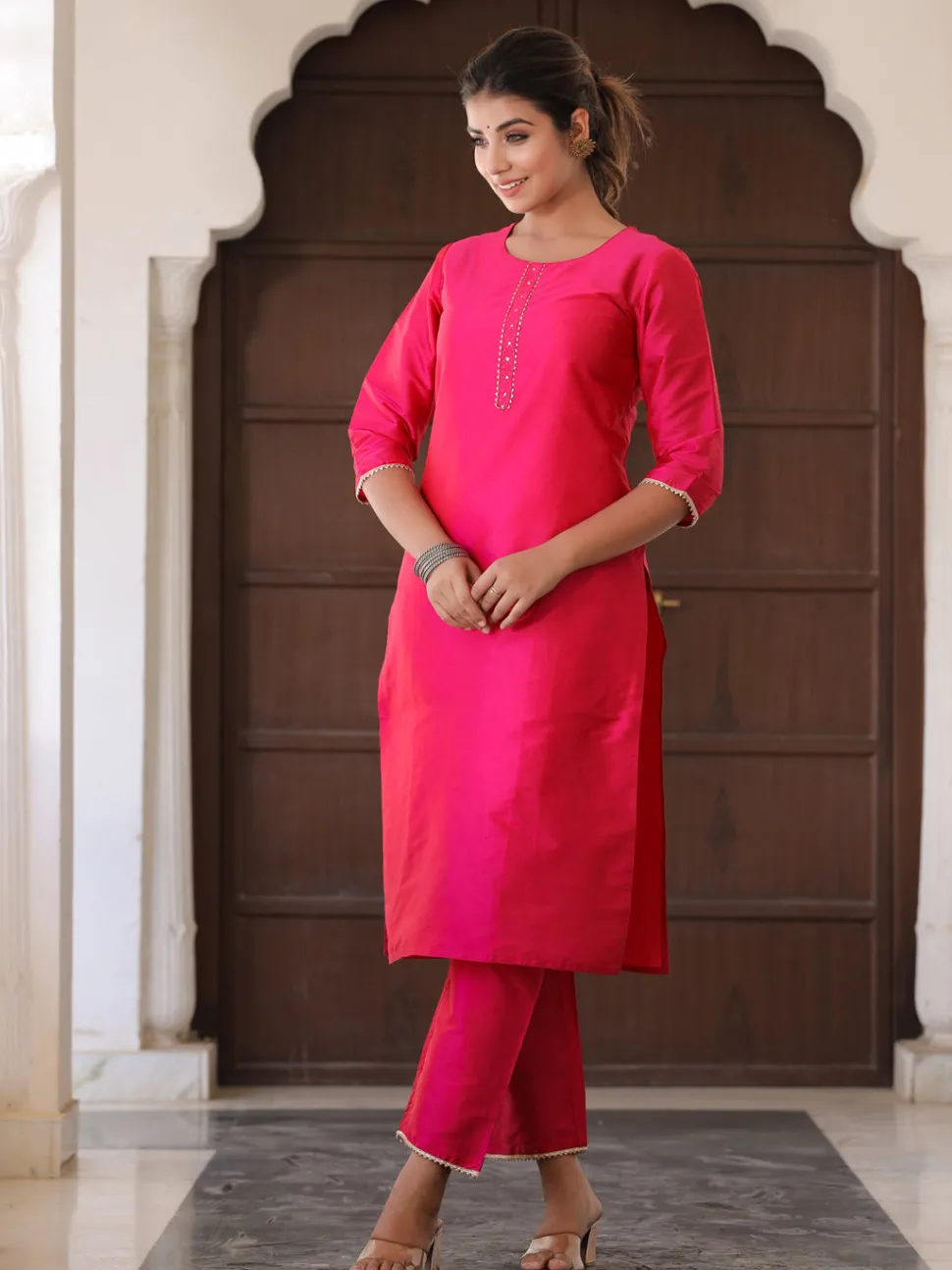 Jaipur Kurti Pink Solid Straight Kurta With Gotta Work On Palazzo & Printed Dupatta