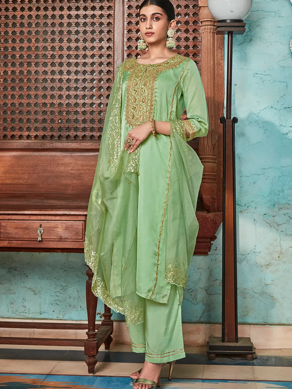 Jaipur Kurti Pista Straight Embroided Silk Kurta With Palazzo And Organza Embroidered Dupatta