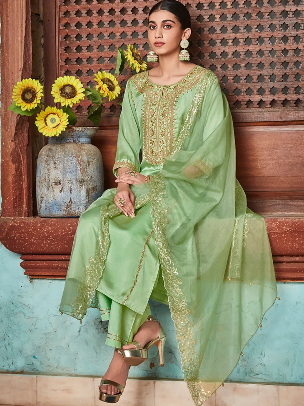 Jaipur Kurti Pista Straight Embroided Silk Kurta With Palazzo And Organza Embroidered Dupatta
