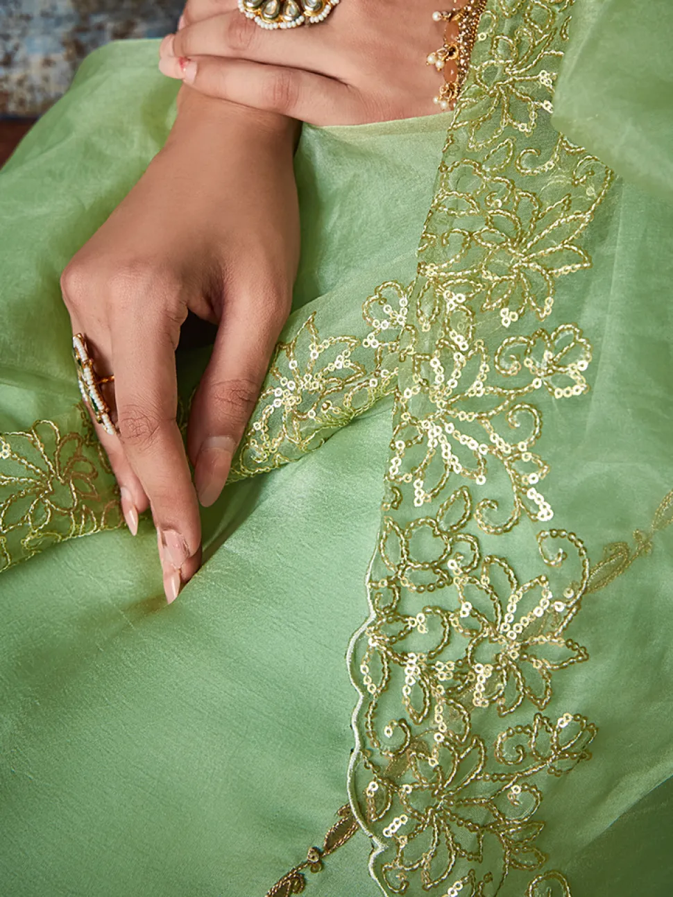 Jaipur Kurti Pista Straight Embroided Silk Kurta With Palazzo And Organza Embroidered Dupatta