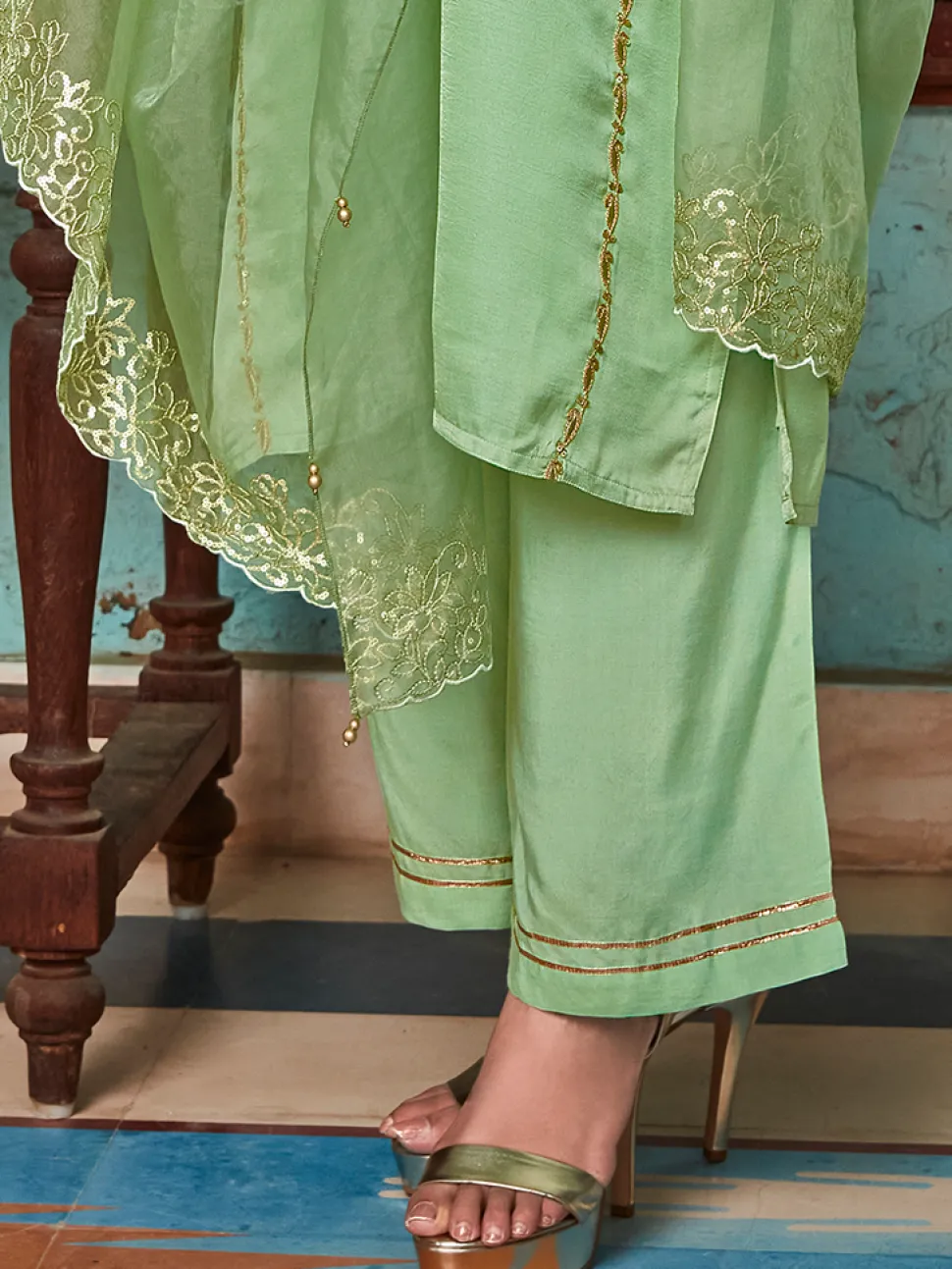 Jaipur Kurti Pista Straight Embroided Silk Kurta With Palazzo And Organza Embroidered Dupatta
