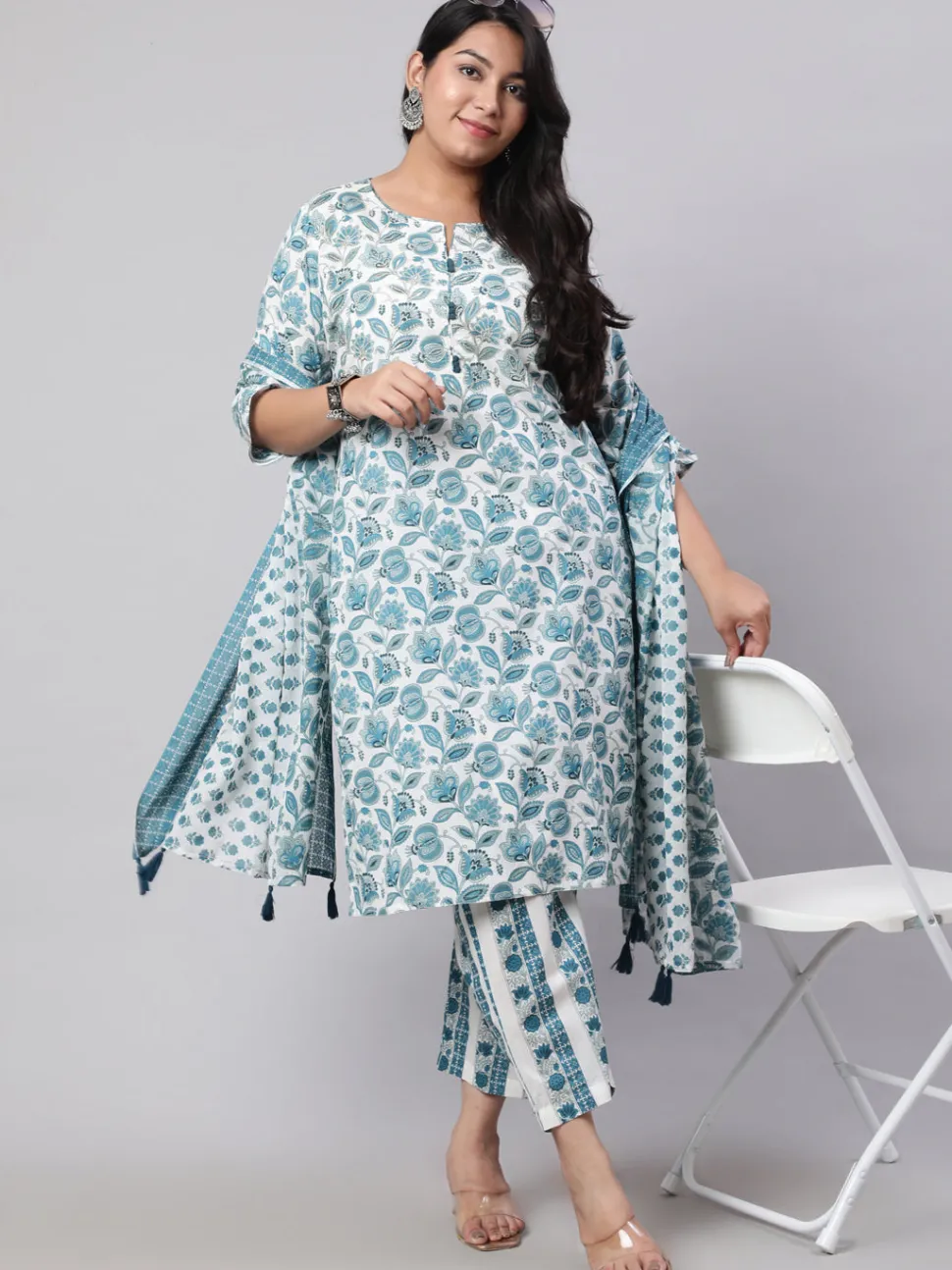 Jaipur Kurti Plus Size Ethnic Floral Printed Embroidered Kurta With Printed Pants And Printed Dupatta