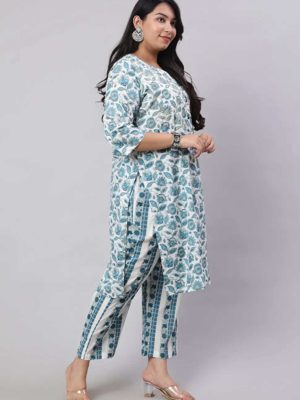 Jaipur Kurti Plus Size Ethnic Floral Printed Embroidered Kurta With Printed Pants And Printed Dupatta