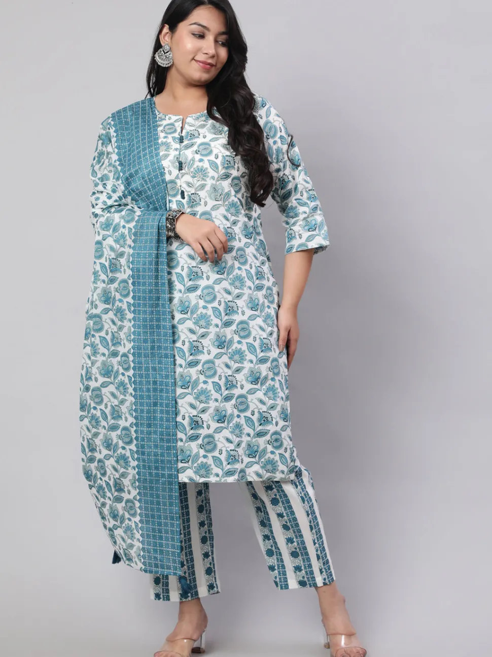 Jaipur Kurti Plus Size Ethnic Floral Printed Embroidered Kurta With Printed Pants And Printed Dupatta