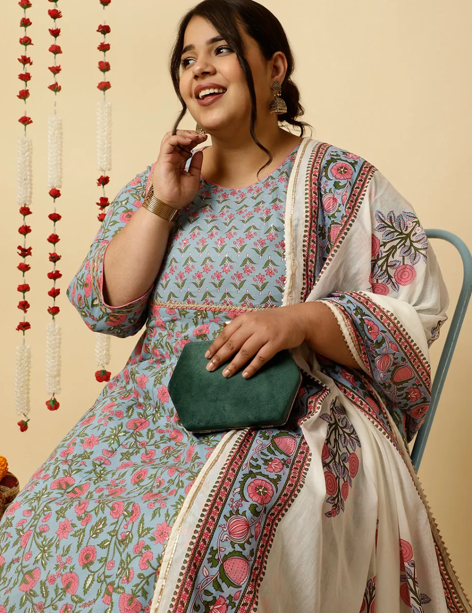 Jaipur Kurti Plus Size Ethnic Print Anarkali Kurta With Pants And Dupatta