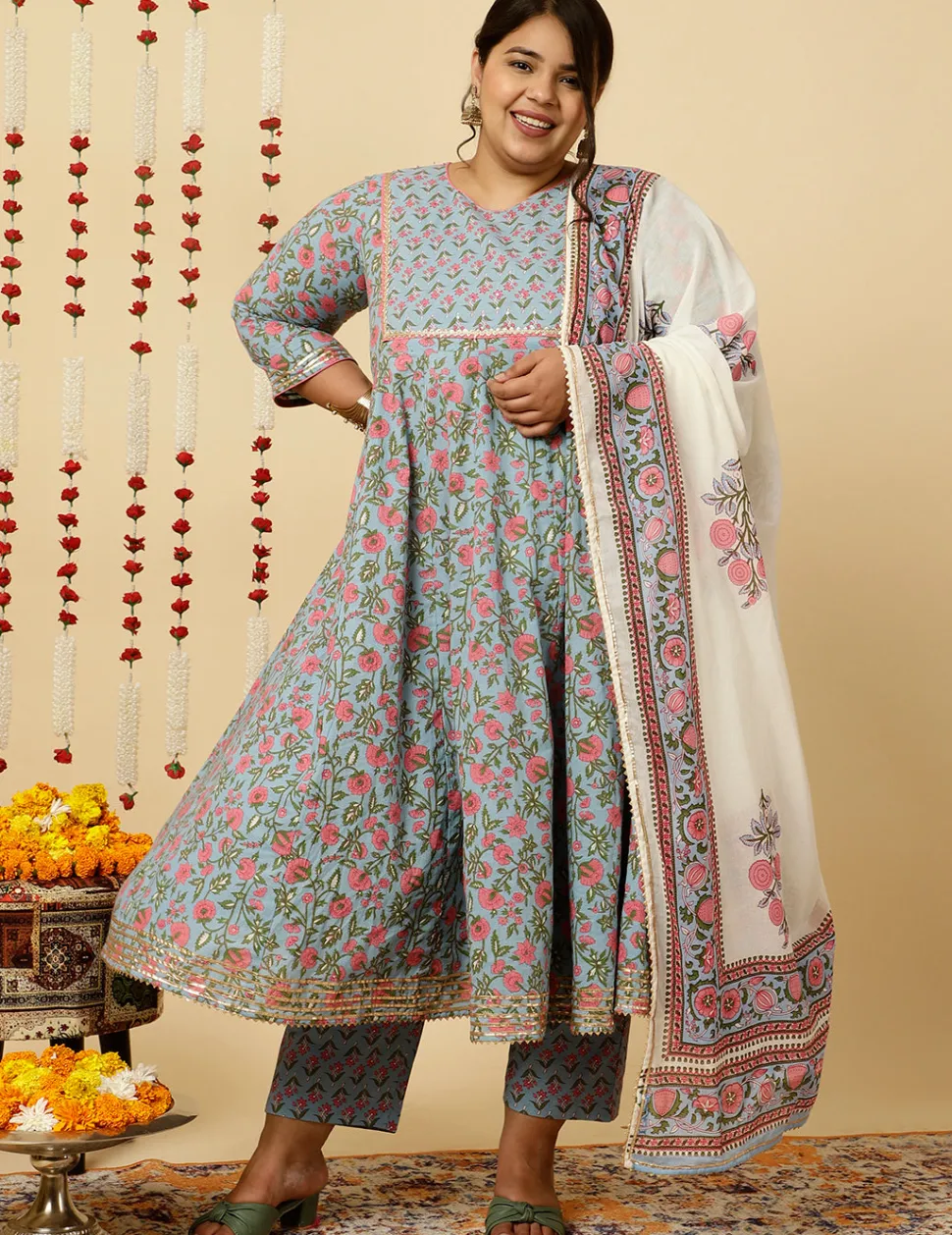 Jaipur Kurti Plus Size Ethnic Print Anarkali Kurta With Pants And Dupatta