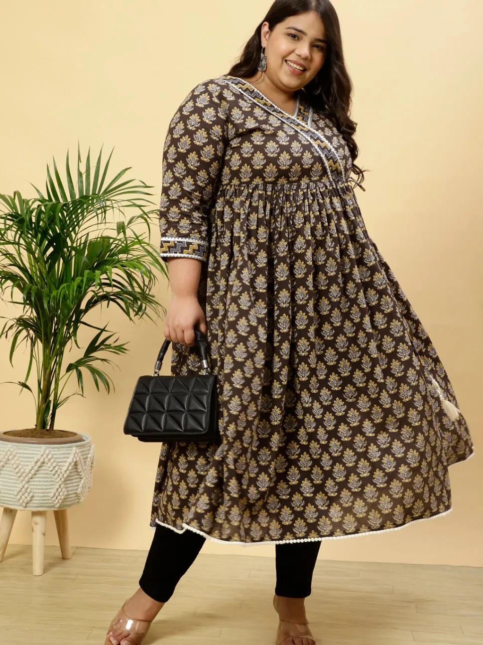 Jaipur Kurti Plus Size Charcoal Grey Ethnic Printed Anarkali Kurta