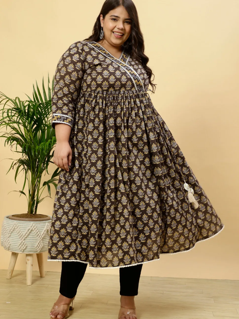Jaipur Kurti Plus Size Charcoal Grey Ethnic Printed Anarkali Kurta