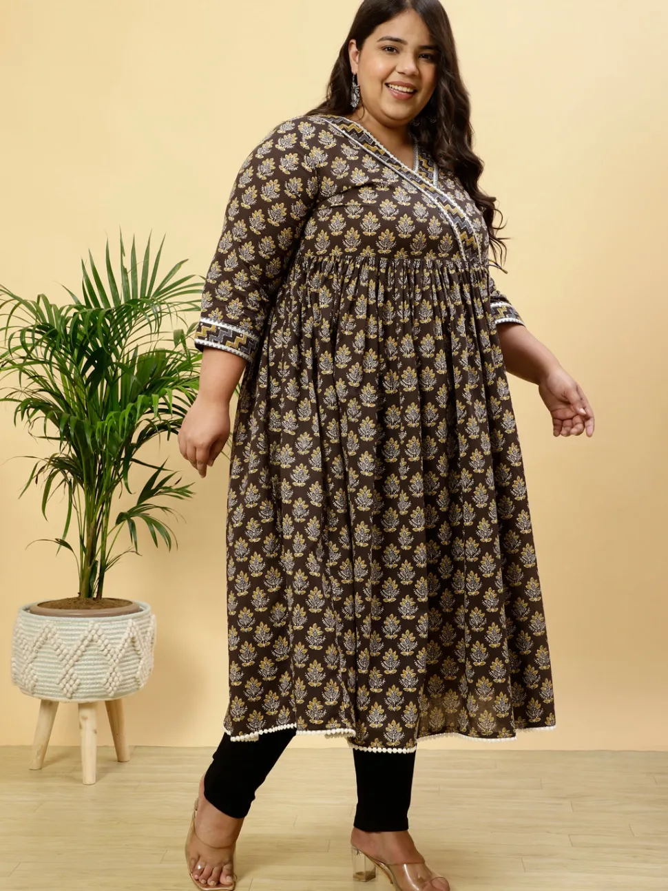 Jaipur Kurti Plus Size Charcoal Grey Ethnic Printed Anarkali Kurta