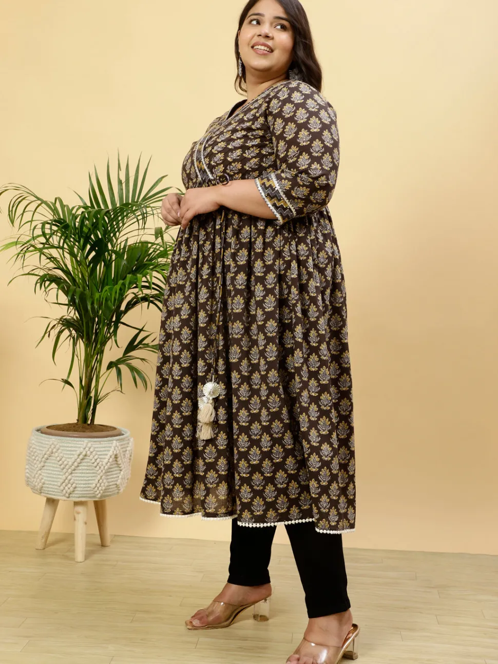 Jaipur Kurti Plus Size Charcoal Grey Ethnic Printed Anarkali Kurta