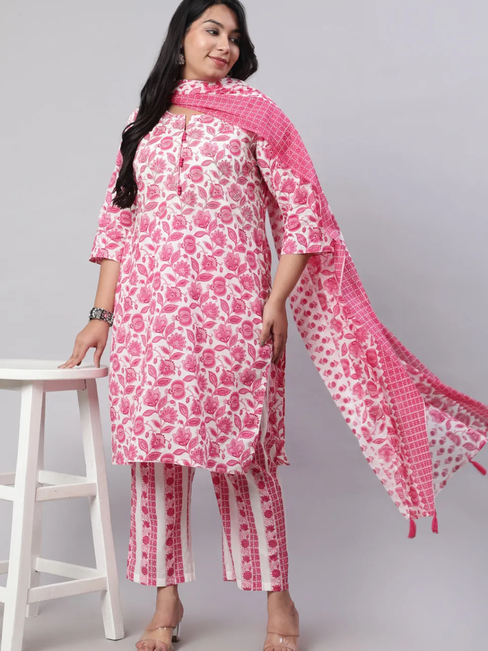 Jaipur Kurti Plus Size Ethnic Floral Printed Embroidered Kurta With Printed Pants And Printed Dupatta