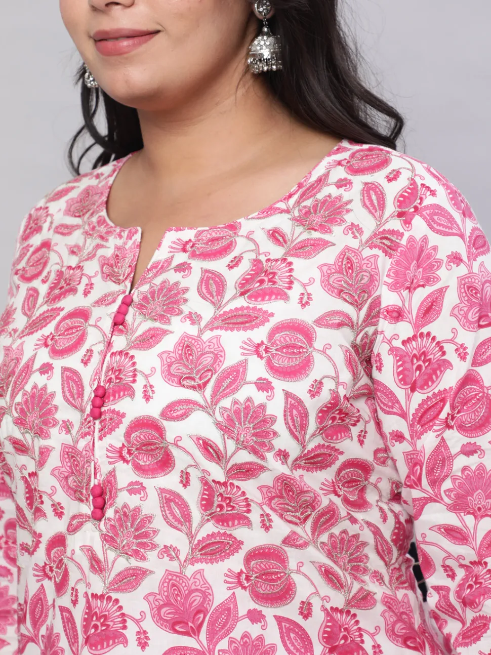 Jaipur Kurti Plus Size Ethnic Floral Printed Embroidered Kurta With Printed Pants And Printed Dupatta