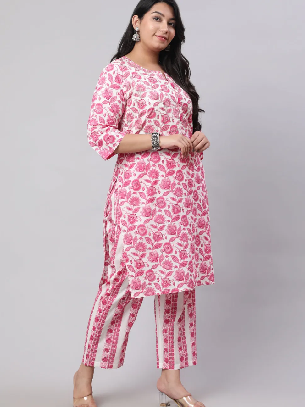 Jaipur Kurti Plus Size Ethnic Floral Printed Embroidered Kurta With Printed Pants And Printed Dupatta