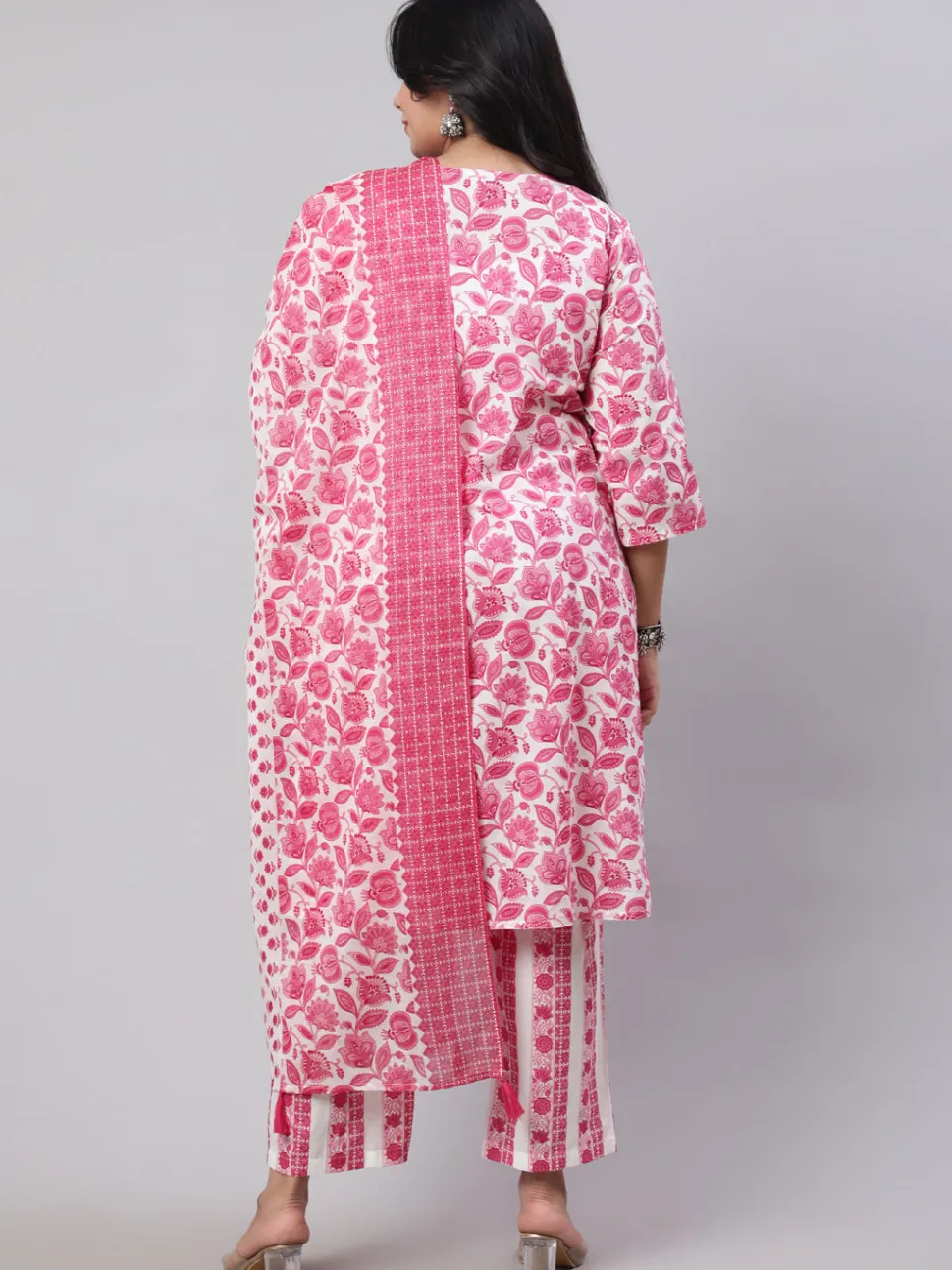 Jaipur Kurti Plus Size Ethnic Floral Printed Embroidered Kurta With Printed Pants And Printed Dupatta