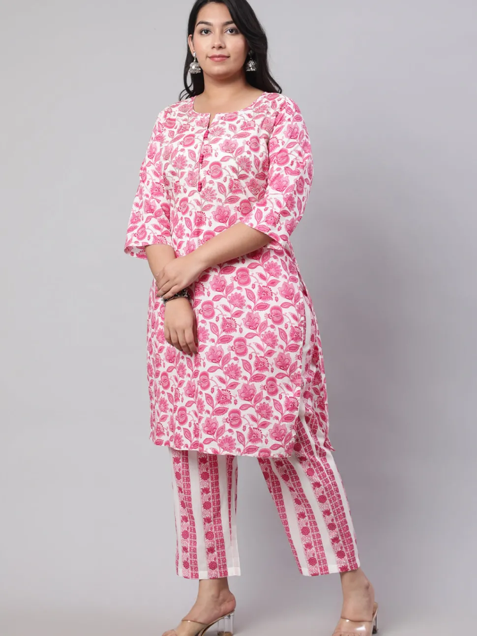 Jaipur Kurti Plus Size Ethnic Floral Printed Embroidered Kurta With Printed Pants And Printed Dupatta