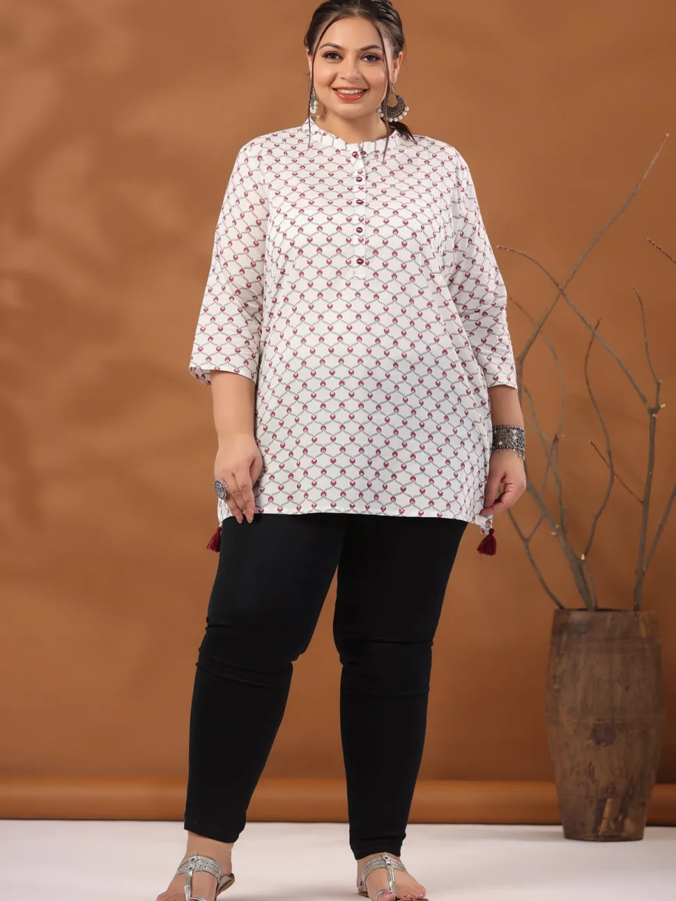 Jaipur Kurti Plus Size Geometric Printed Cotton Short White Kurta