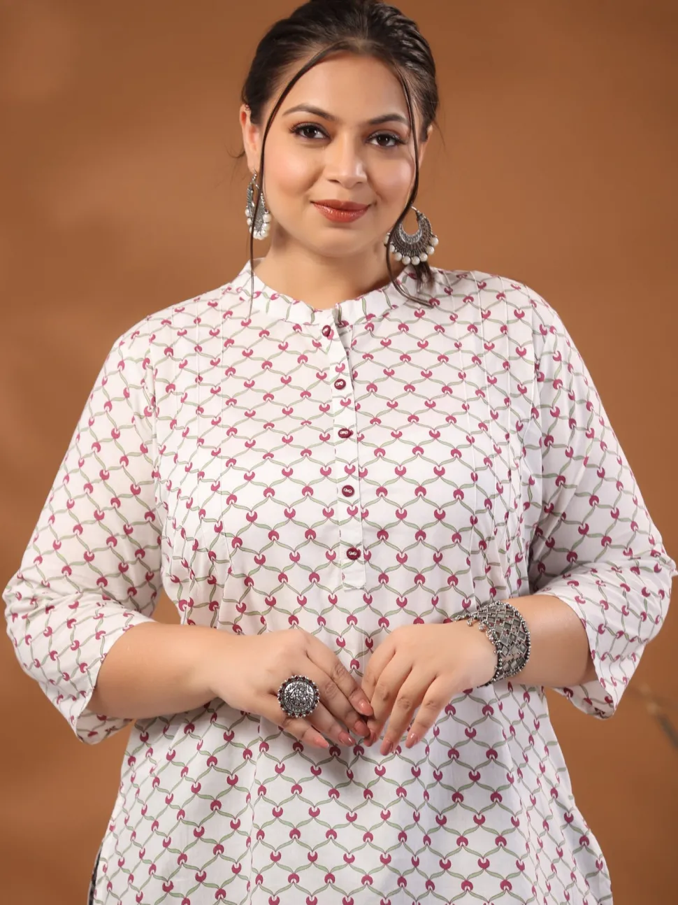 Jaipur Kurti Plus Size Geometric Printed Cotton Short White Kurta