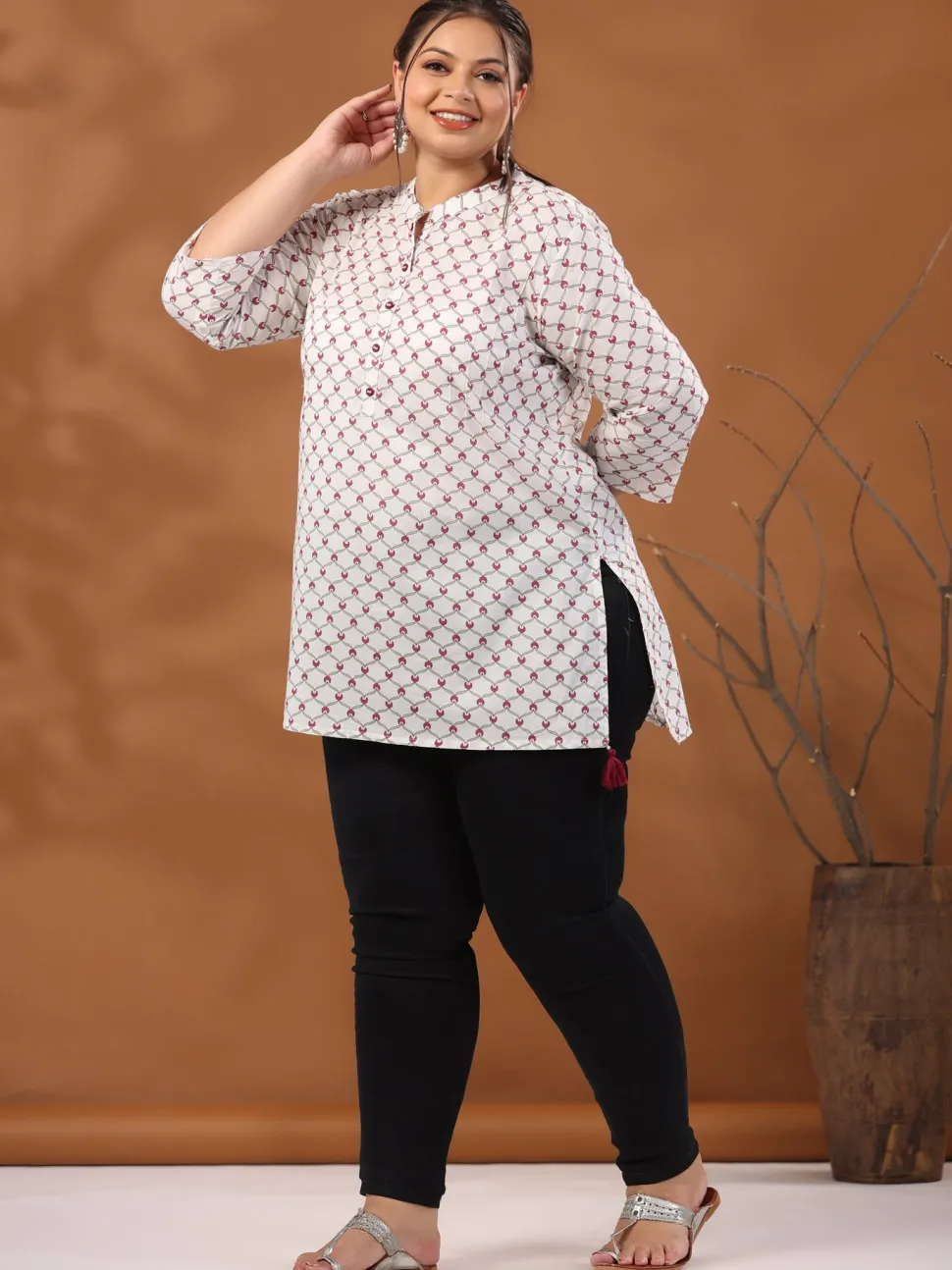 Jaipur Kurti Plus Size Geometric Printed Cotton Short White Kurta