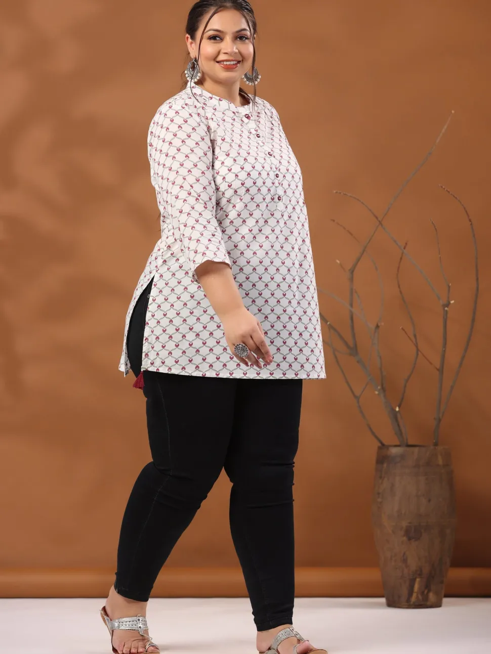 Jaipur Kurti Plus Size Geometric Printed Cotton Short White Kurta