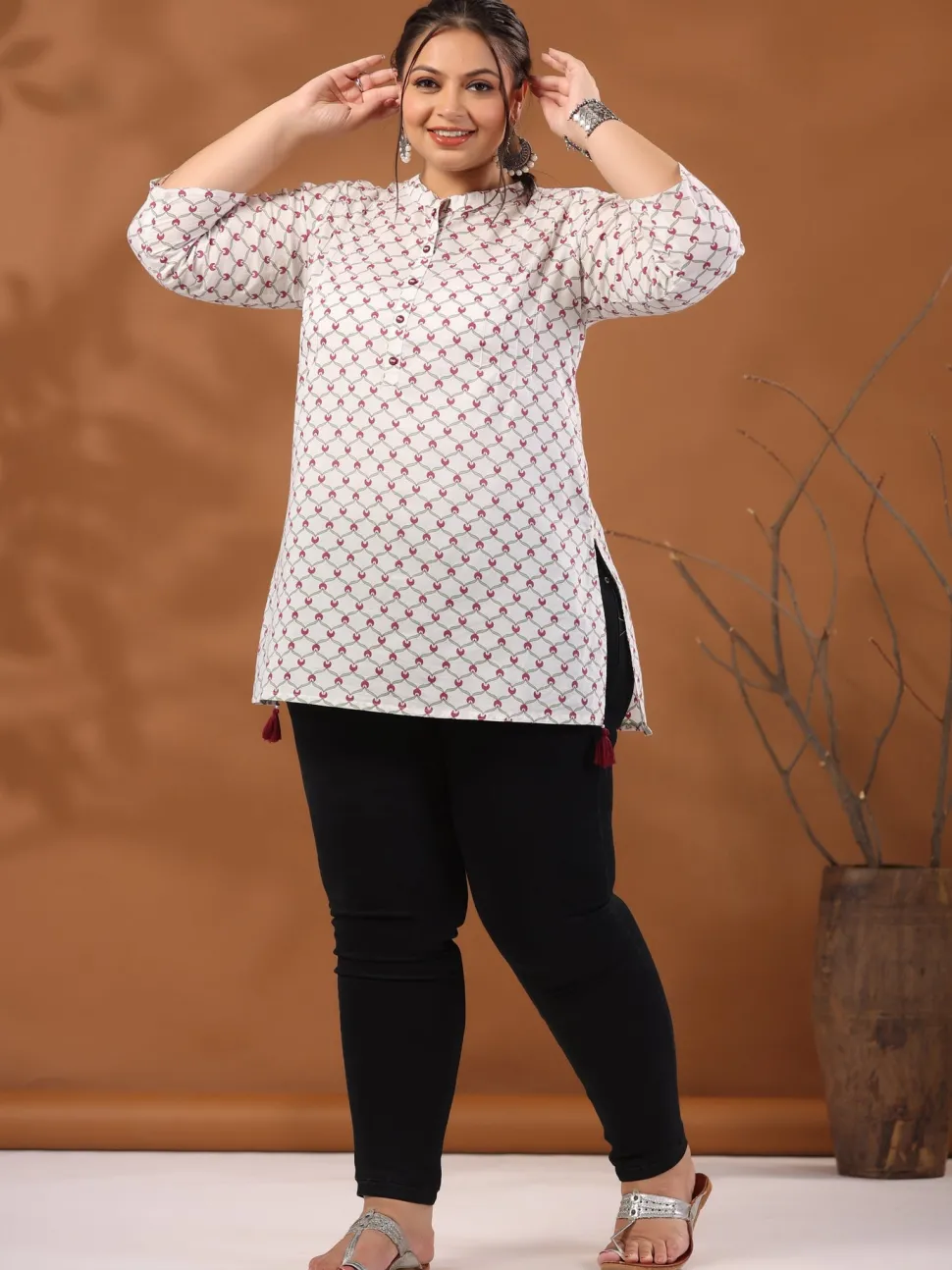 Jaipur Kurti Plus Size Geometric Printed Cotton Short White Kurta