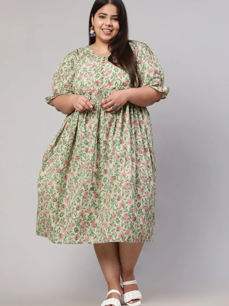 Jaipur Kurti Plus Size Ethnic Floral Printed Flared Dress