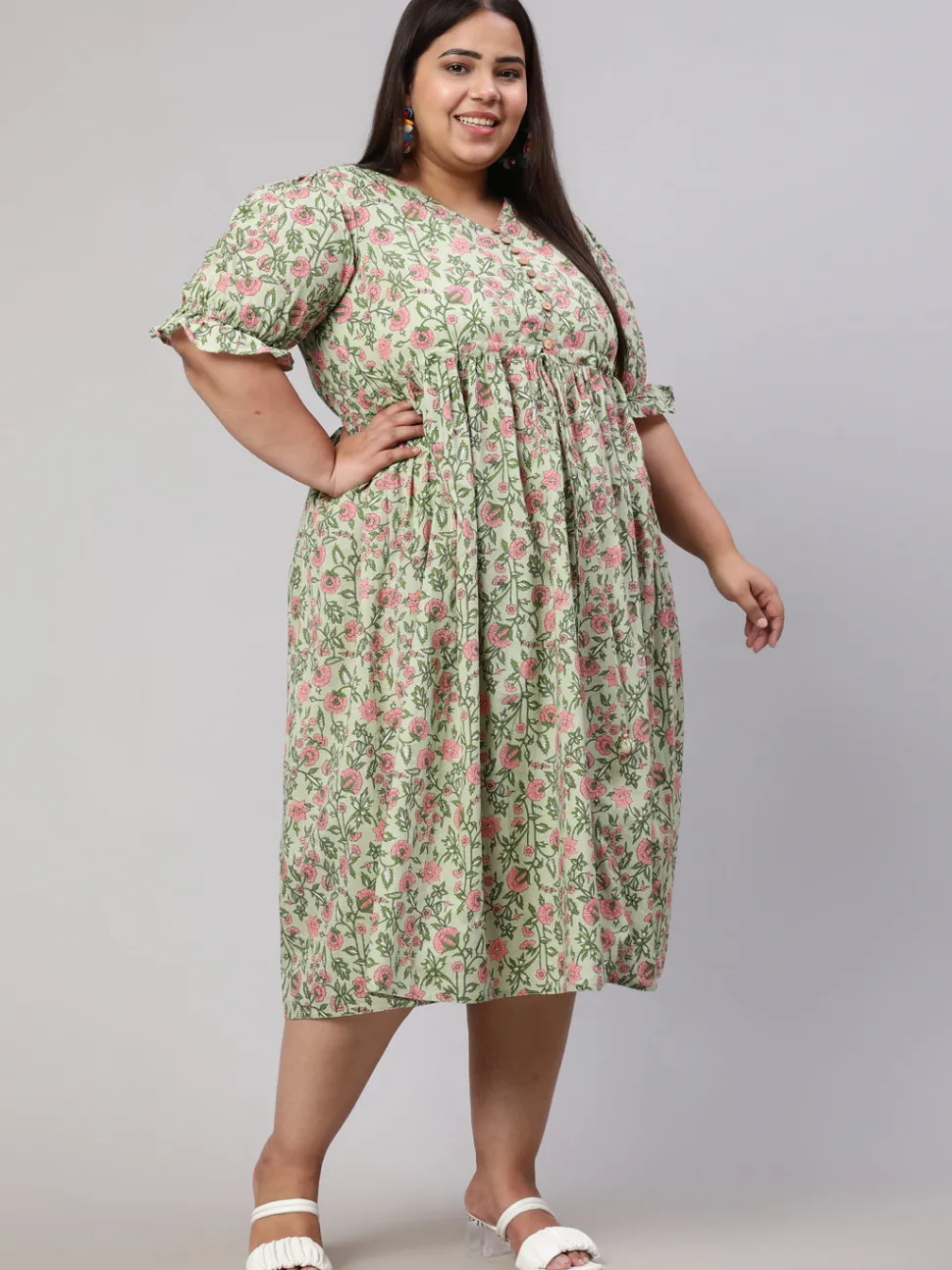 Jaipur Kurti Plus Size Ethnic Floral Printed Flared Dress