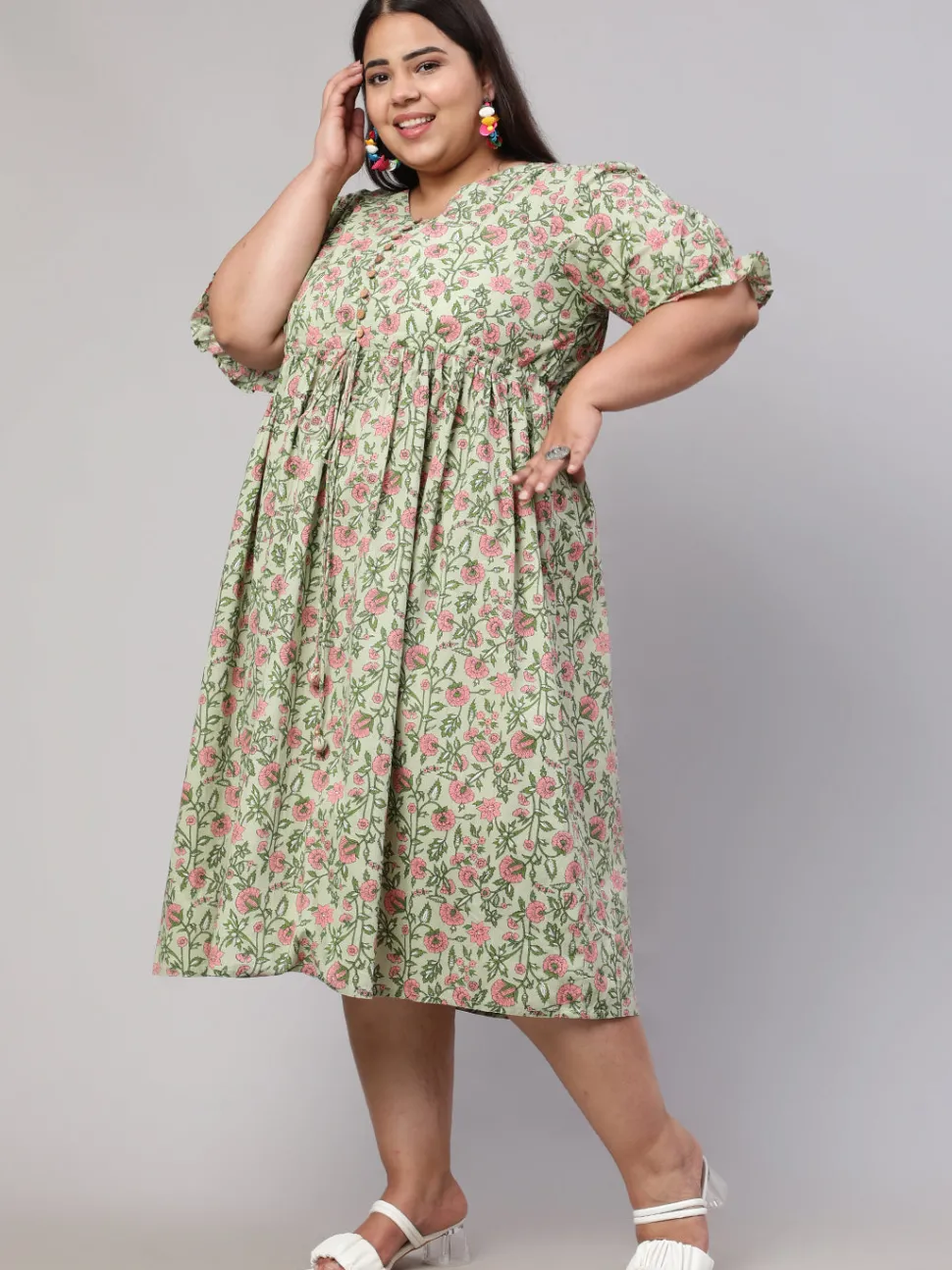 Jaipur Kurti Plus Size Ethnic Floral Printed Flared Dress
