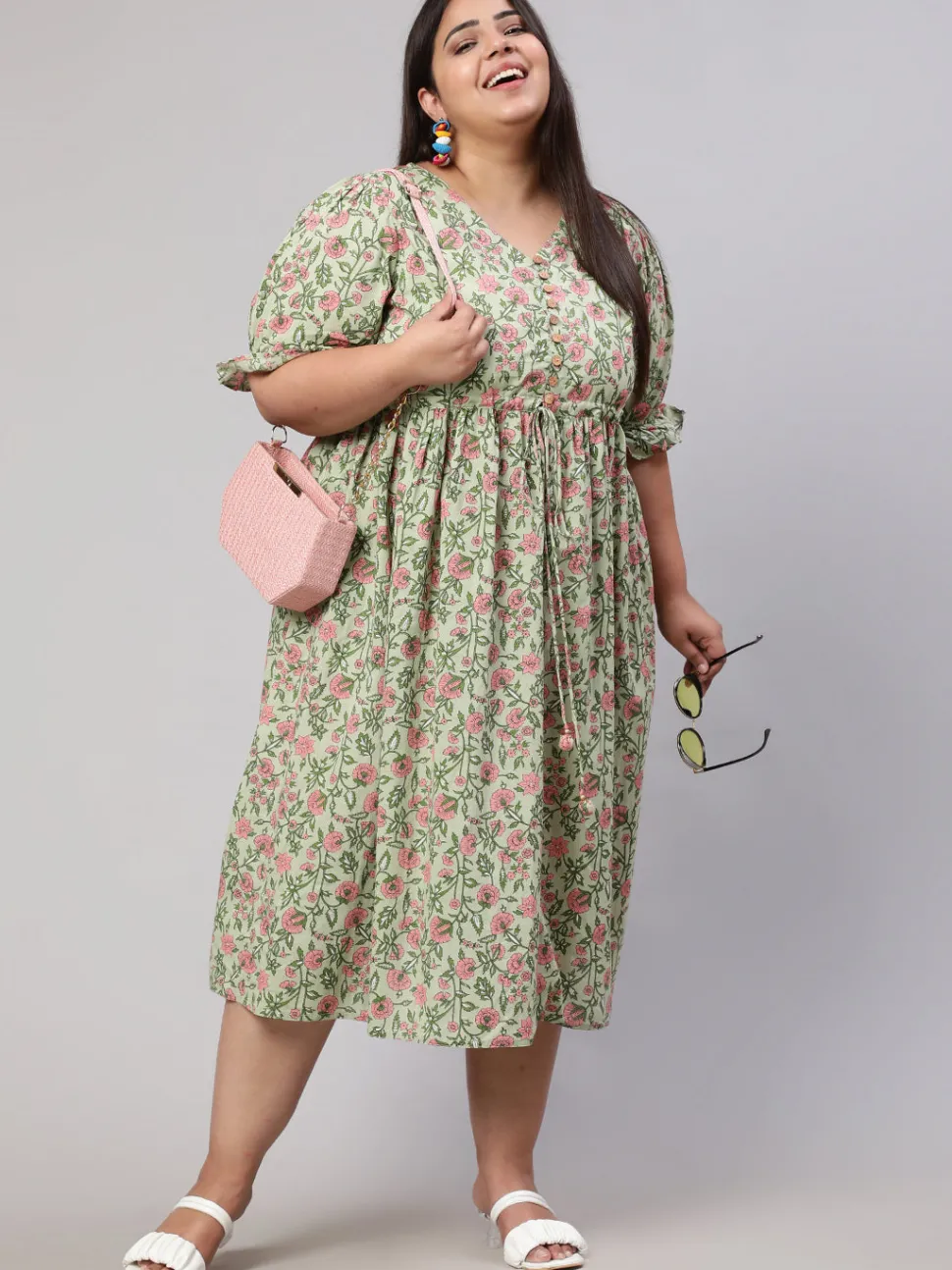 Jaipur Kurti Plus Size Ethnic Floral Printed Flared Dress
