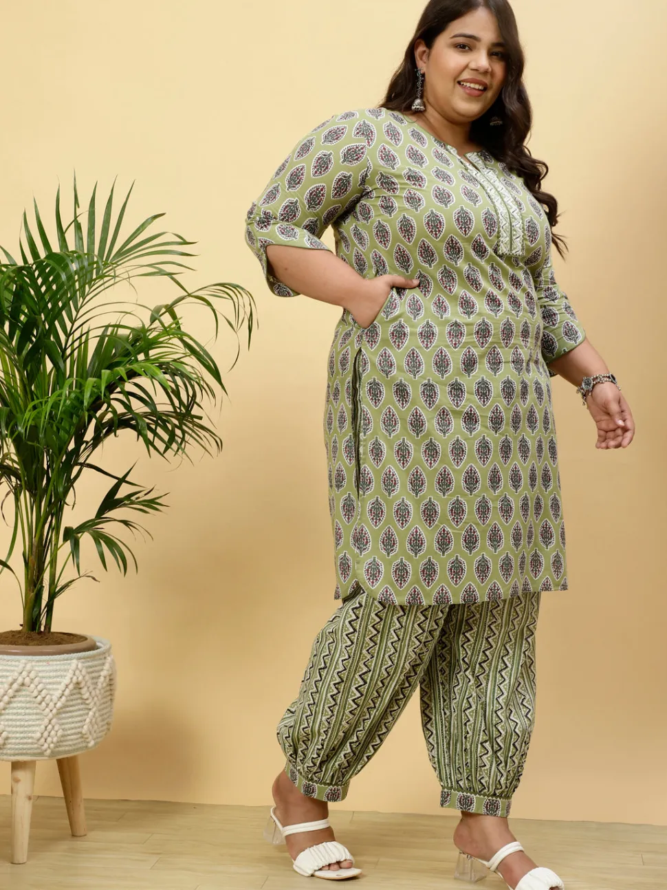 Jaipur Kurti Plus Size Ethnic Printed Kurta With Printed Afghani Salwar