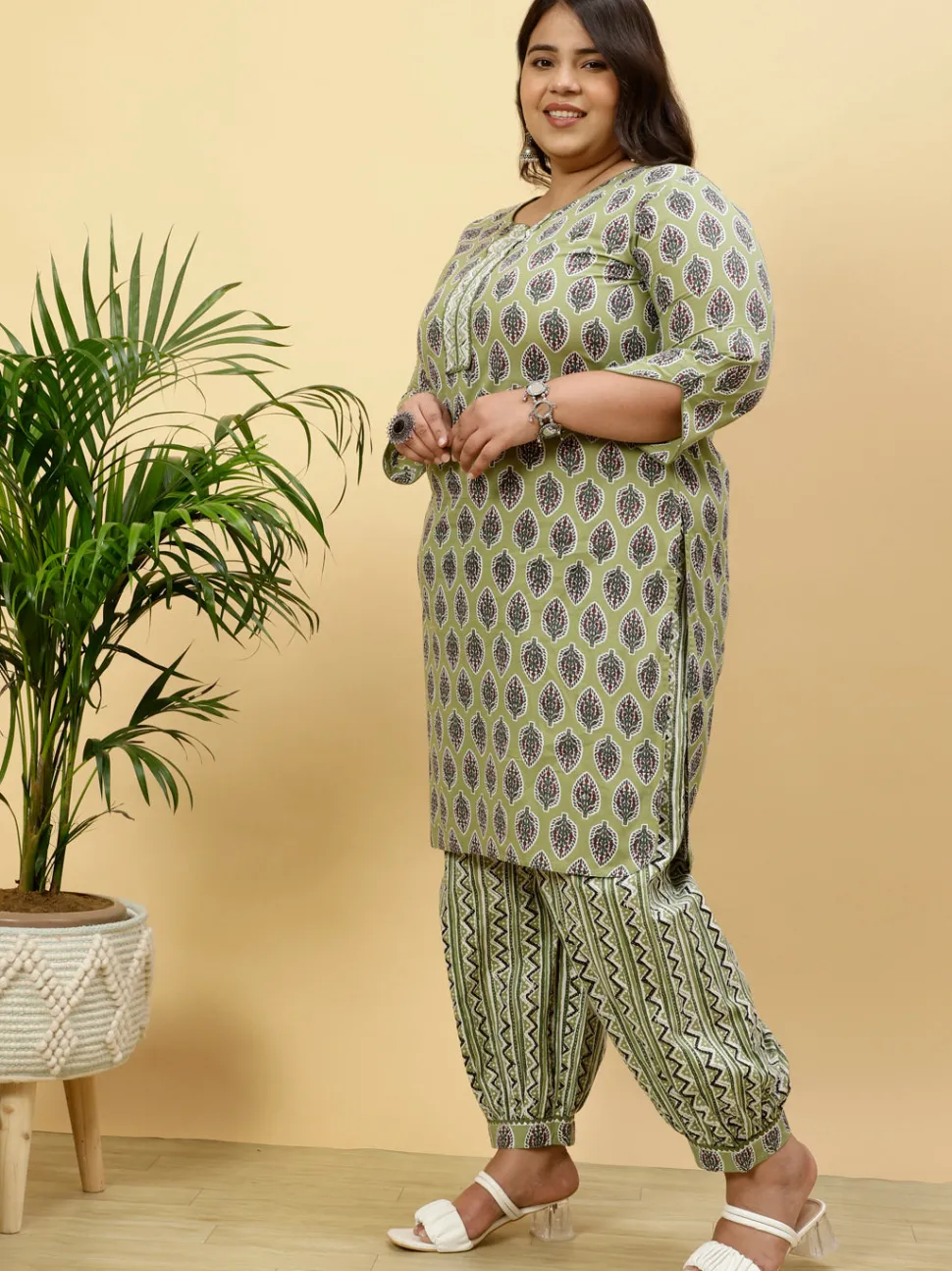 Jaipur Kurti Plus Size Ethnic Printed Kurta With Printed Afghani Salwar