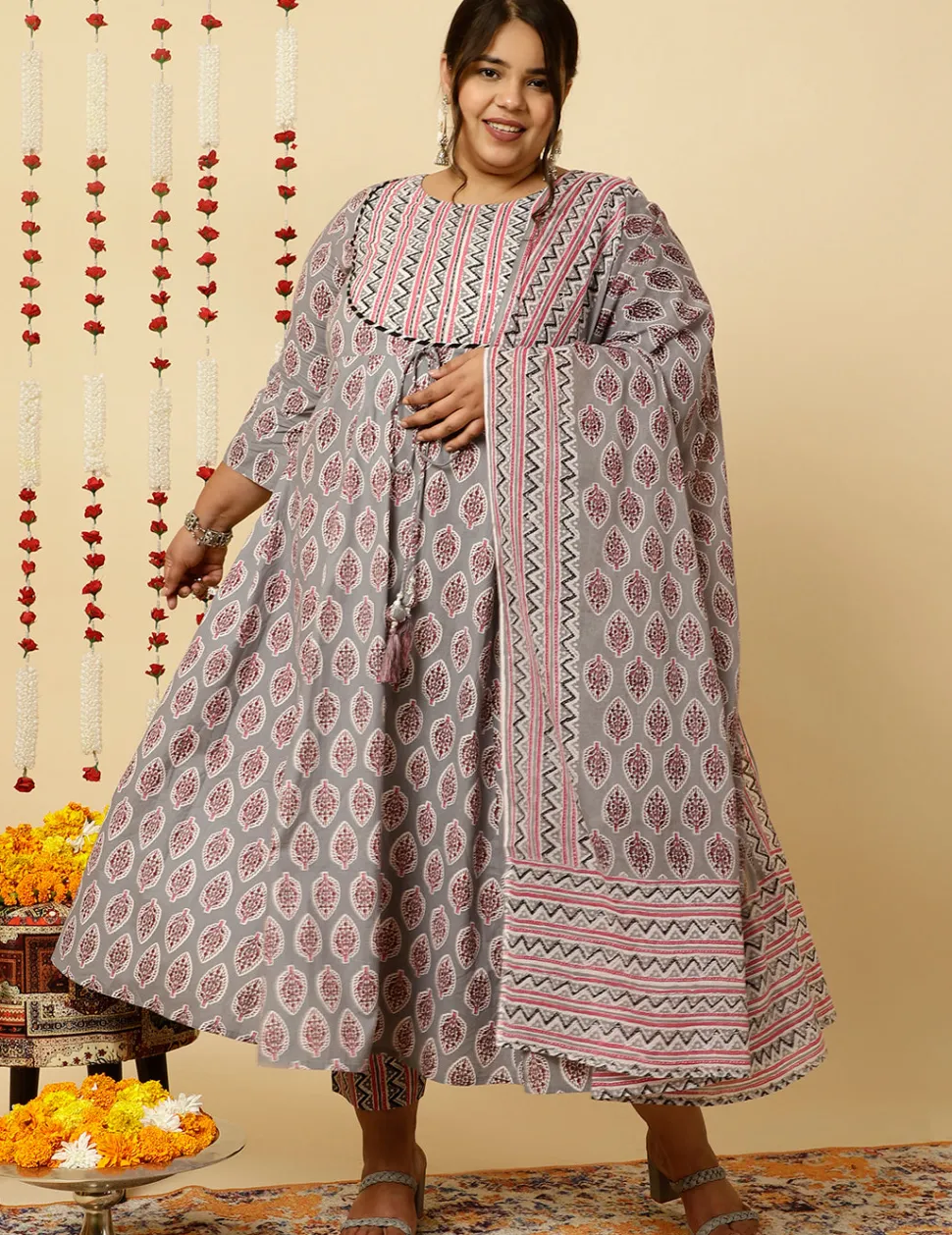 Jaipur Kurti Plus Size Grey Ethnic Printed Flared Kurta With Zig-Zag Printed Pants And Dupatta