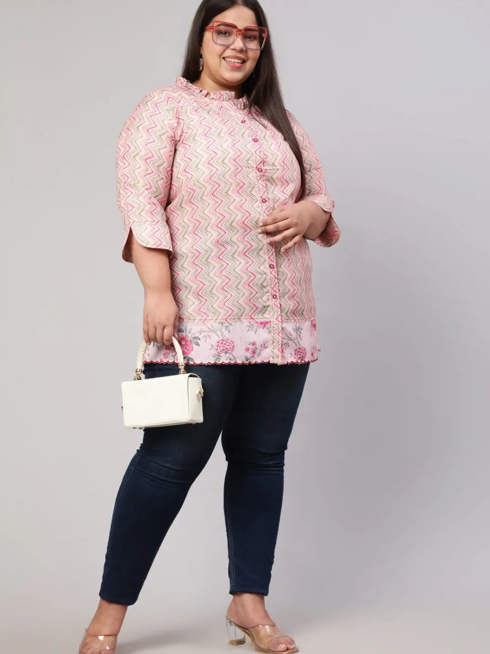 Jaipur Kurti Plus Size Multicolor Zigzag Embroidered Short Kurta