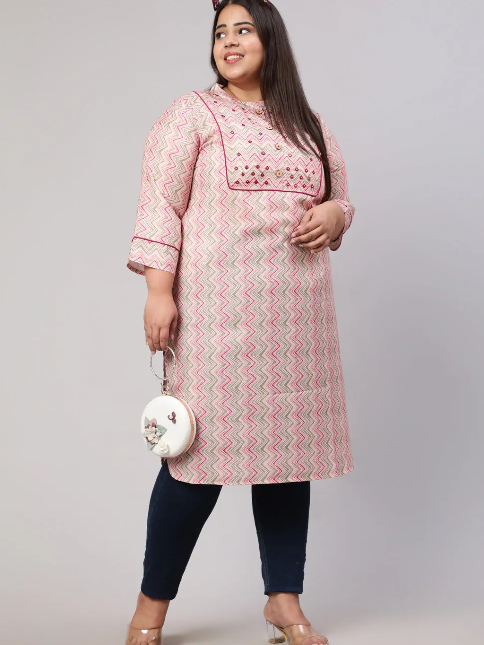 Jaipur Kurti Plus Size Multicolor Zigzag Embroidered Straight Kurta