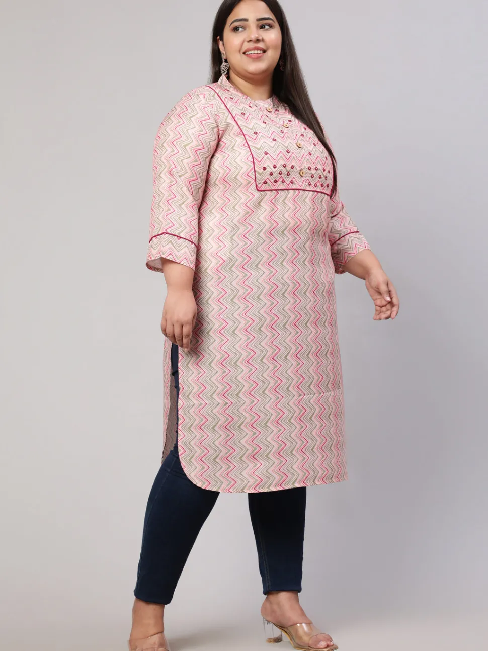 Jaipur Kurti Plus Size Multicolor Zigzag Embroidered Straight Kurta