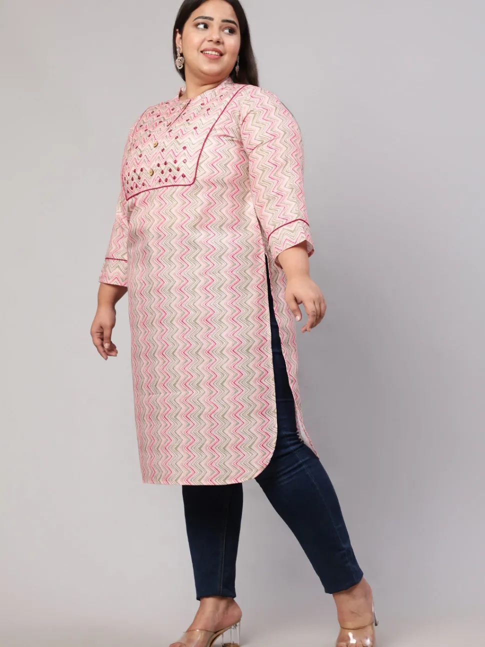 Jaipur Kurti Plus Size Multicolor Zigzag Embroidered Straight Kurta