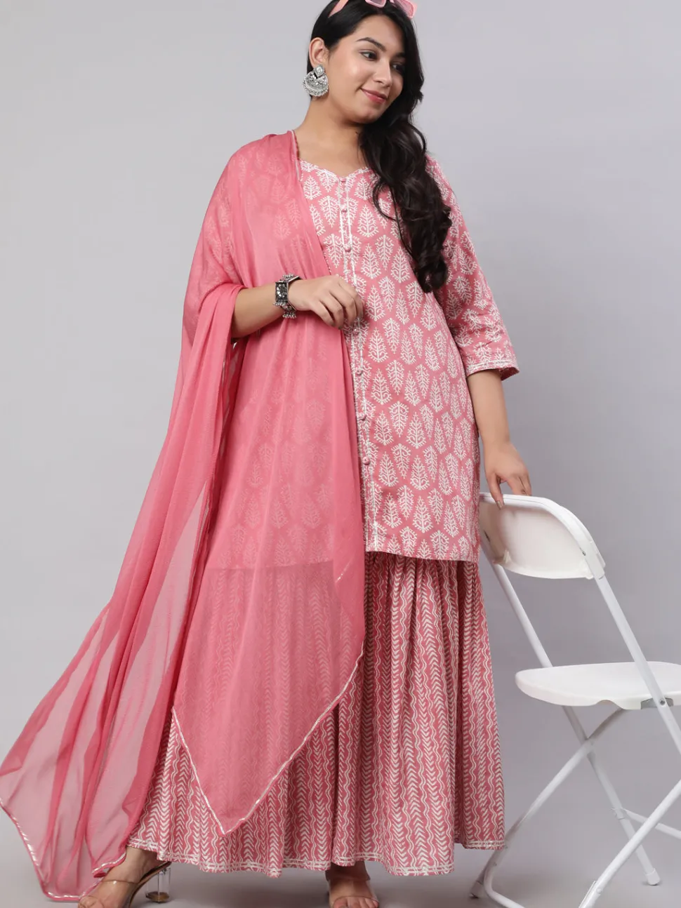 Jaipur Kurti Plus Size Ethnic Printed Kurti With Sharara And Chiffon Dupatta