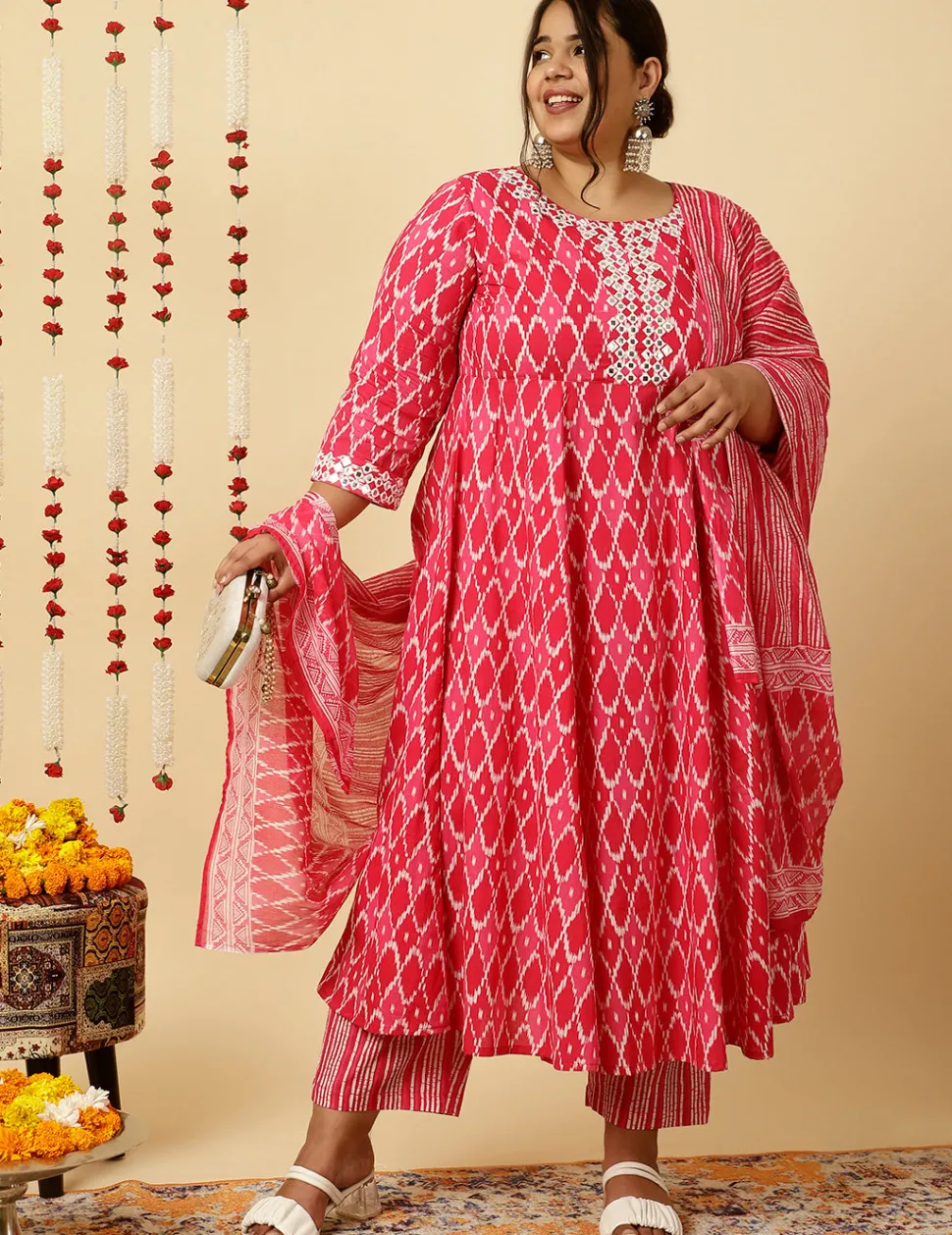 Jaipur Kurti Plus Size Pink Mirror Embellished Ikat Printed Anarkali Kurta With Pants And Dupatta