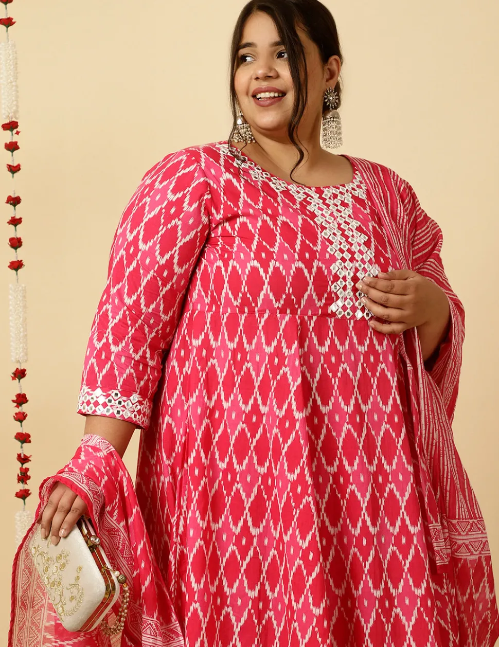 Jaipur Kurti Plus Size Pink Mirror Embellished Ikat Printed Anarkali Kurta With Pants And Dupatta