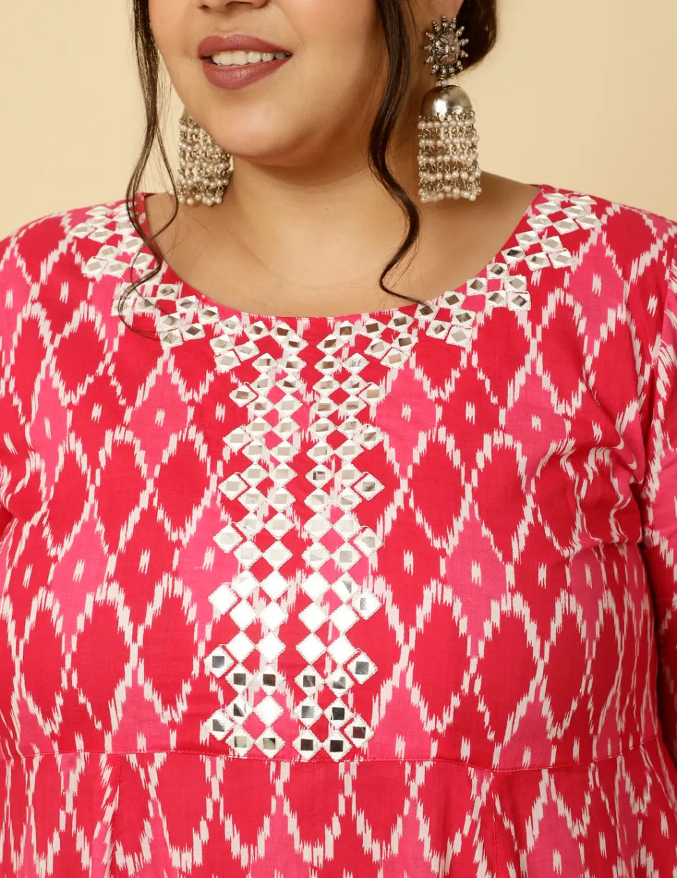 Jaipur Kurti Plus Size Pink Mirror Embellished Ikat Printed Anarkali Kurta With Pants And Dupatta