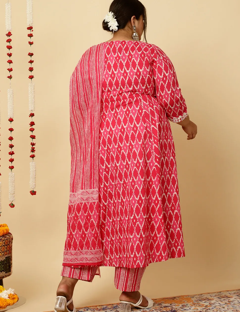 Jaipur Kurti Plus Size Pink Mirror Embellished Ikat Printed Anarkali Kurta With Pants And Dupatta