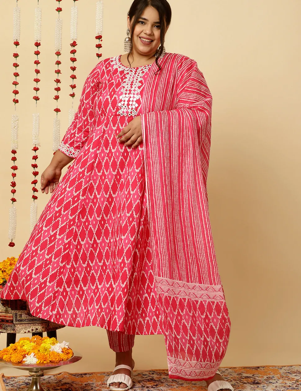 Jaipur Kurti Plus Size Pink Mirror Embellished Ikat Printed Anarkali Kurta With Pants And Dupatta