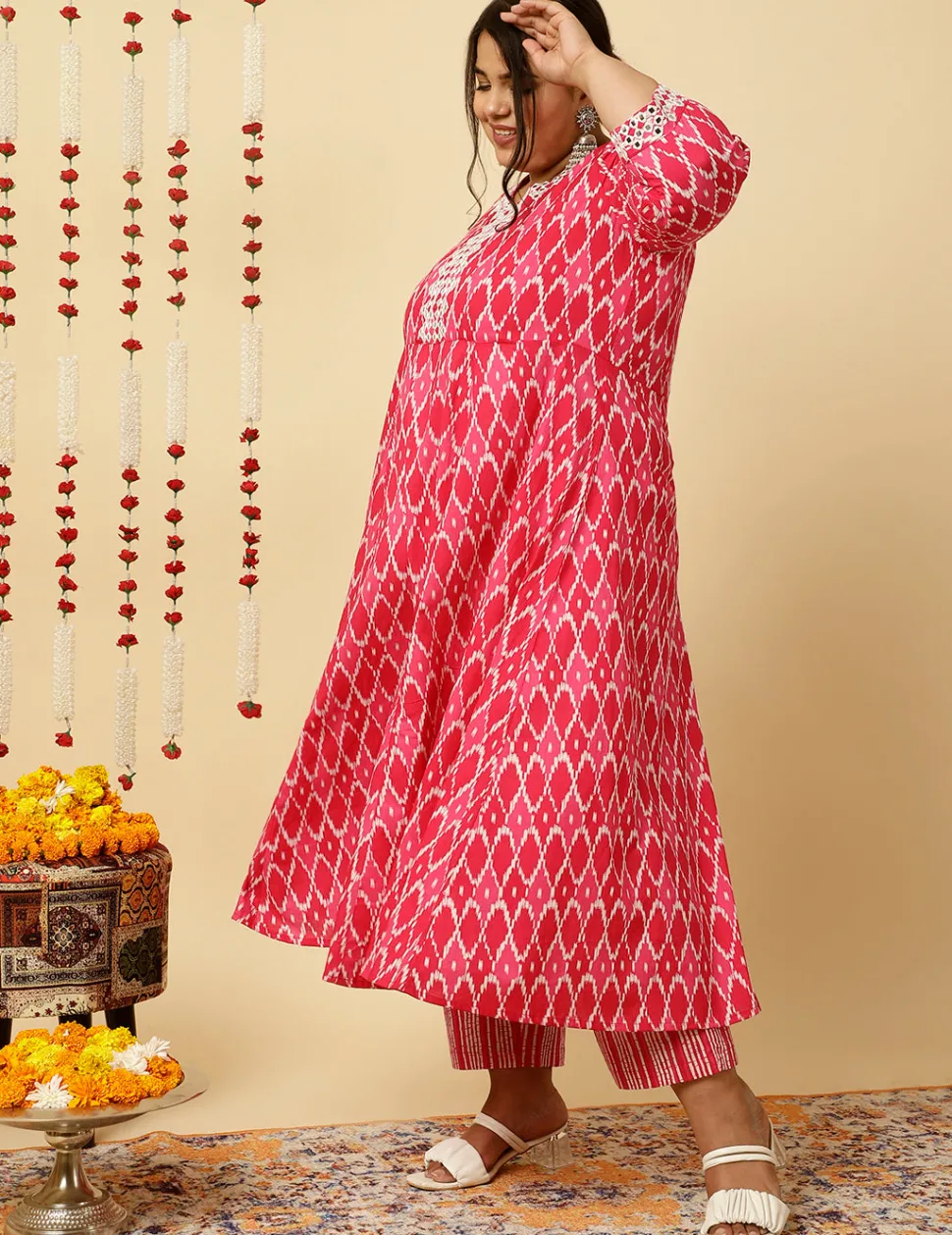 Jaipur Kurti Plus Size Pink Mirror Embellished Ikat Printed Anarkali Kurta With Pants And Dupatta