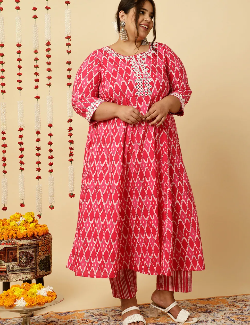 Jaipur Kurti Plus Size Pink Mirror Embellished Ikat Printed Anarkali Kurta With Pants And Dupatta